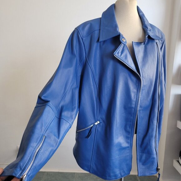 Women's "Twiggy London" 100% Genuine Leather Medium Blue Moto Jacket (Size: 1X) - Picture 6 of 14